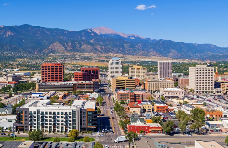 Colorado cityscape with mountains in the distance